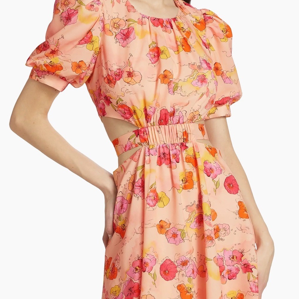 AMUR Pink Floral Cutout Puff‎ Sleeve Mini Dress 58112143 Peach Yellow 2
